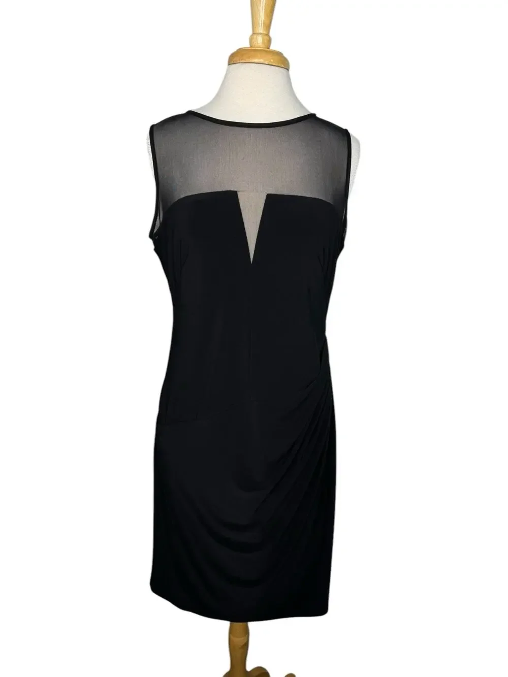 RALPH LAUREN LRL Mesh V-neck Black Jersey Knit Dress Sz 14 LBD Date Event Formal - Picture 1 of 11
